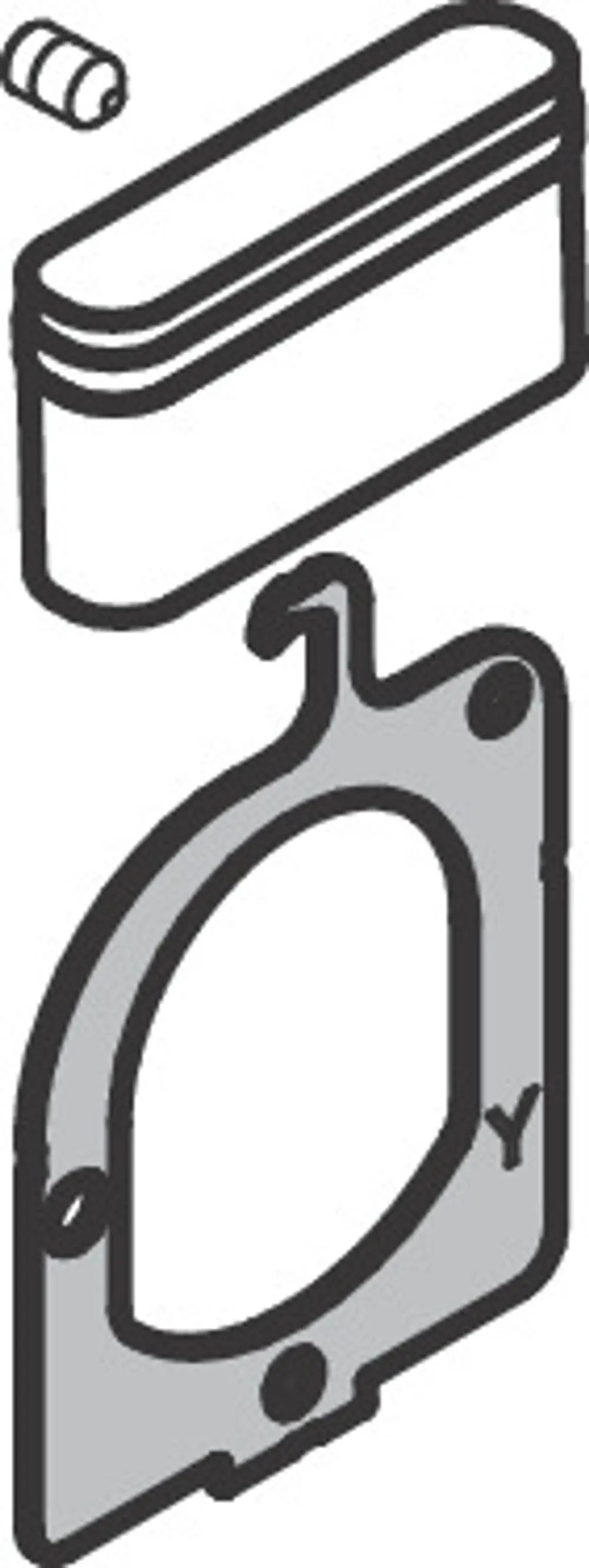 Schematische Darstellung eines Strahlreglers von Hansgrohe mit mehreren Komponenten: einem zylindrischen Teil und einer Platte mit einer Aussparung.